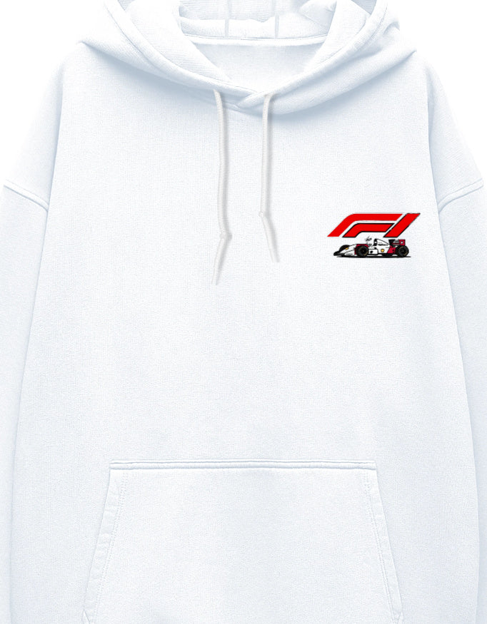A small red racing-league logomark above an illustrated open-wheel race car, printed on the left chest of a white unisex oversized hoodie.