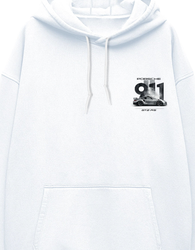 White oversized hoodie with small monochrome sports car graphic print on the chest pocket area