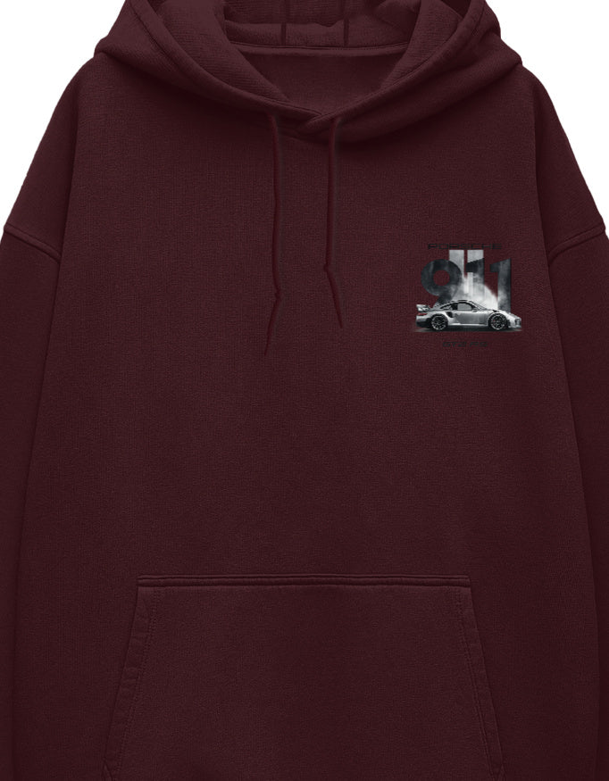 Another angle of white oversized hoodie with chest car graphic