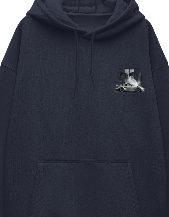 White oversized hoodie front view showing small car print detail