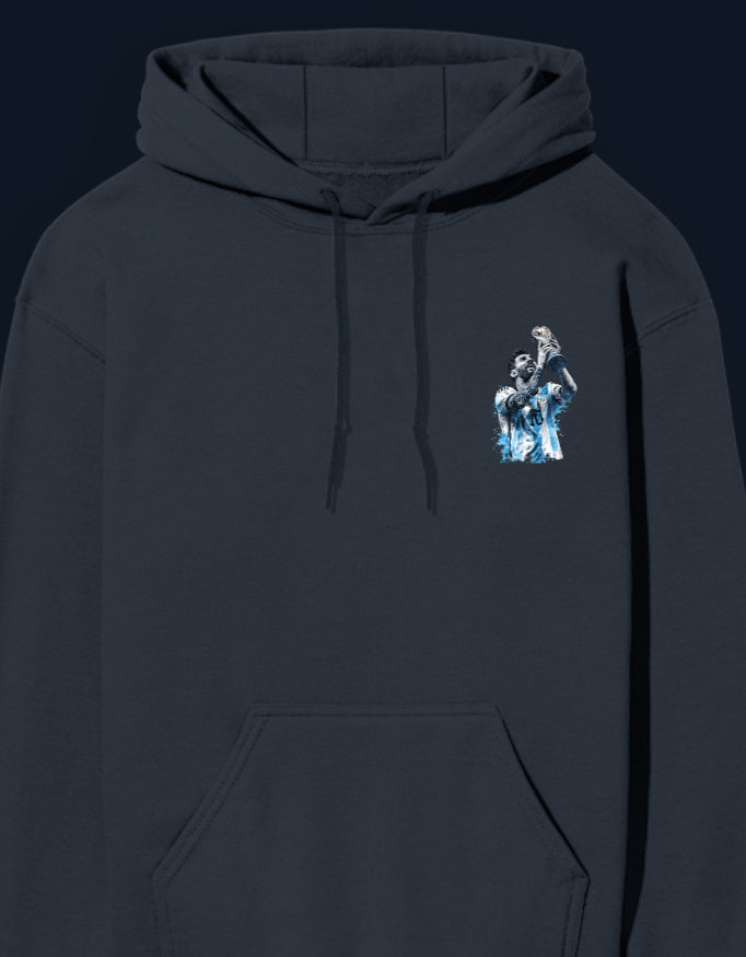 White brushed fleece hoodie with small sports fan art print near the chest pocket