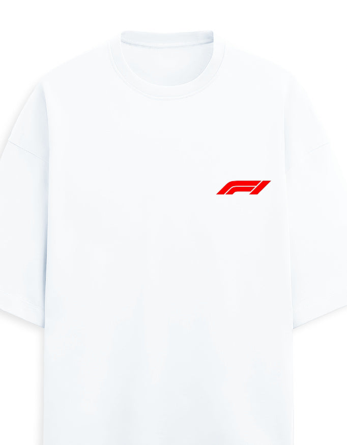 White oversized terry tee close-up of small red racing emblem pocket print on chest