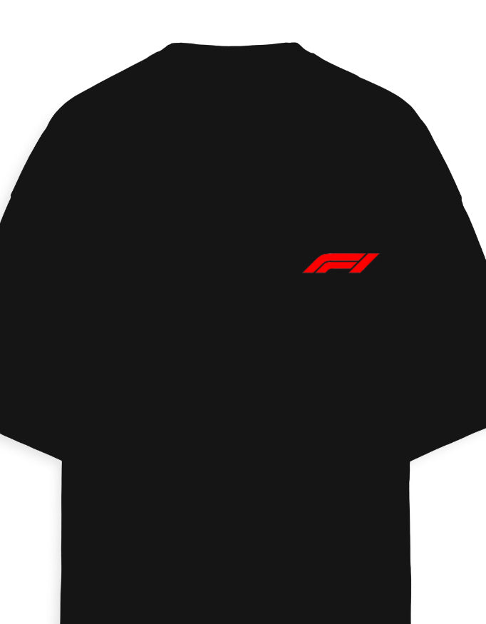 White oversized terry tee front view with small racing emblem chest print