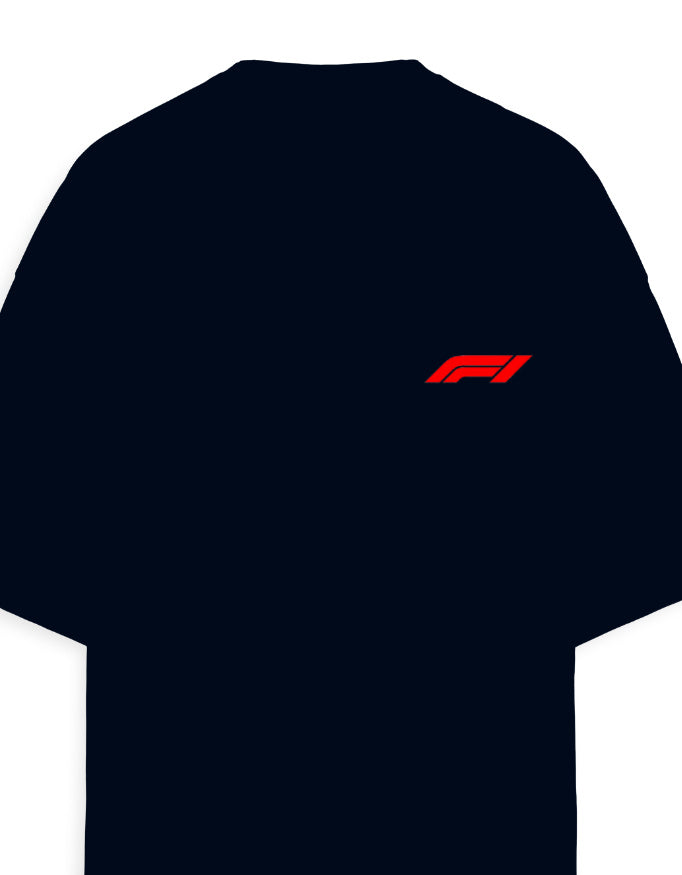 White oversized terry tee on model with small racing emblem chest print