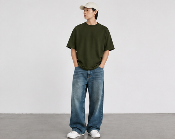 Olive Green Oversized T Shirt Men — Solid Baggy Boxy Fit Drop Shoulder Cotton Tee | House Of Anit