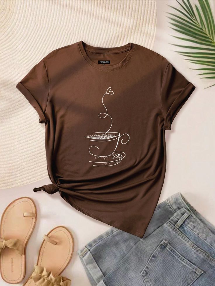 Coffee Line Art Oversized T Shirt for Women - Front View | House Of Anit