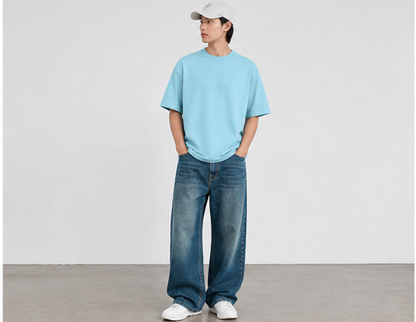 Baby Blue Oversized T Shirt Men | Solid Baggy Boxy Fit Drop Shoulder Cotton Tee