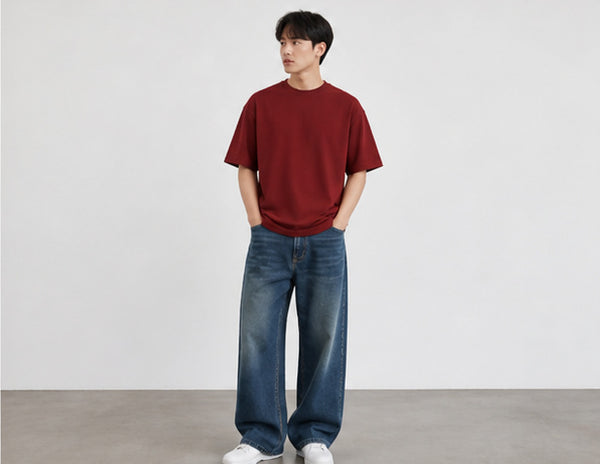 Red Oversized T Shirt Men — Solid Baggy Boxy Fit Drop Shoulder Cotton Tee