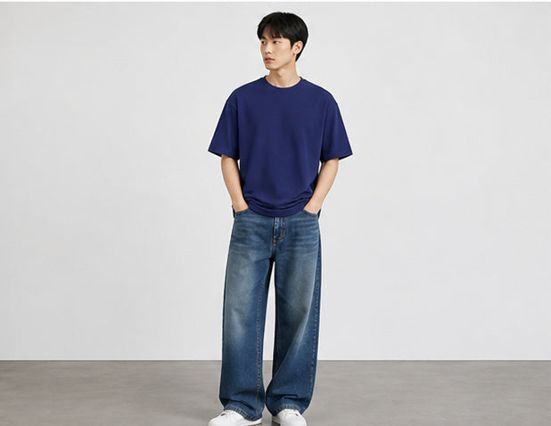Royal Blue Oversized T Shirt Men — Solid Baggy Boxy Fit Drop Shoulder Cotton Tee | House Of Anit