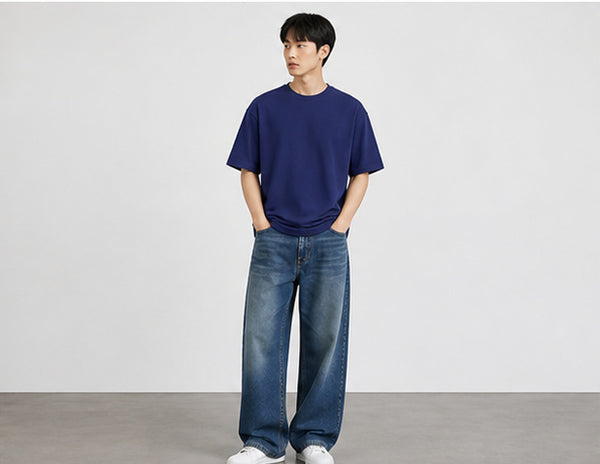 Royal Blue Oversized T Shirt Men — Solid Baggy Boxy Fit Drop Shoulder Cotton Tee