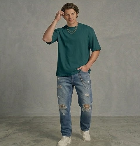 Petrol Blue Oversized T Shirt Men — Solid Baggy Boxy Fit Drop Shoulder Cotton Tee | House Of Anit