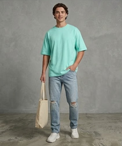 Mint Green Oversized T Shirt Men — Solid Baggy Boxy Fit Drop Shoulder Cotton Tee | House Of Anit