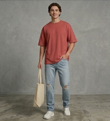 Coral Oversized T Shirt Men — Solid Baggy Boxy Fit Drop Shoulder Cotton Tee | House Of Anit